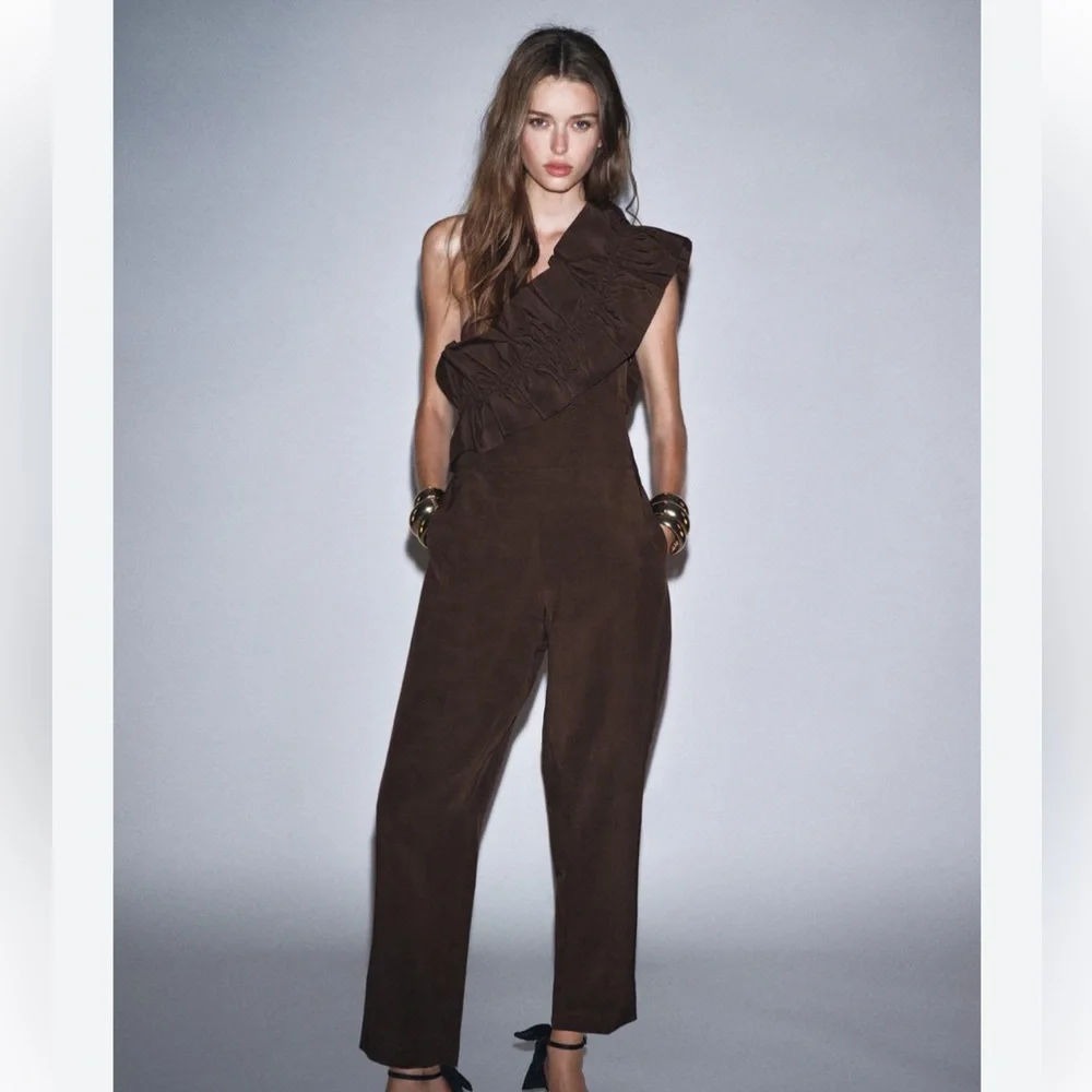 Zara NWT brown asymmetrical linen blend ruffle jumpsuit 8460/501